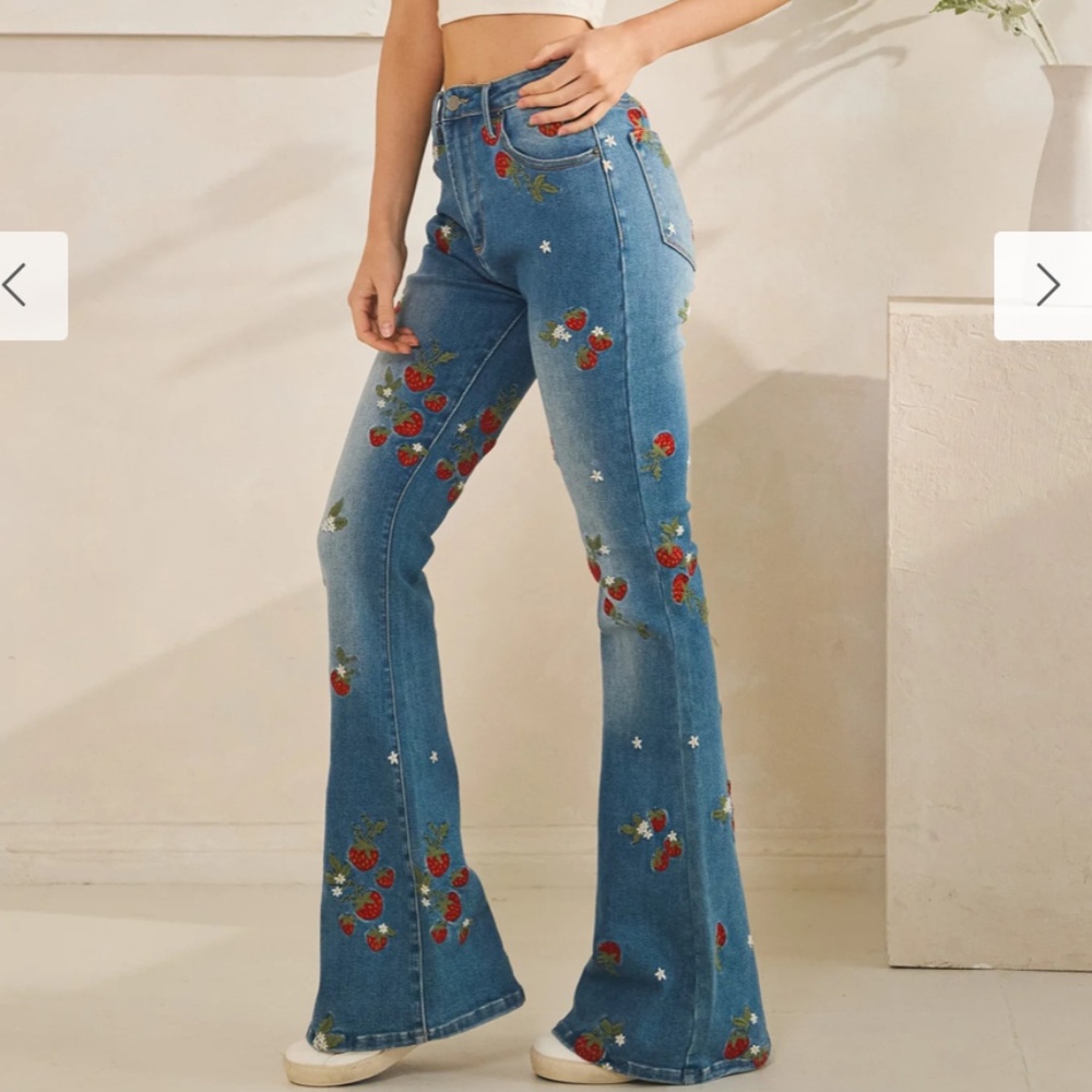 Blue Embroidered Strawberry Flare Jeans - Picture 5 of 9